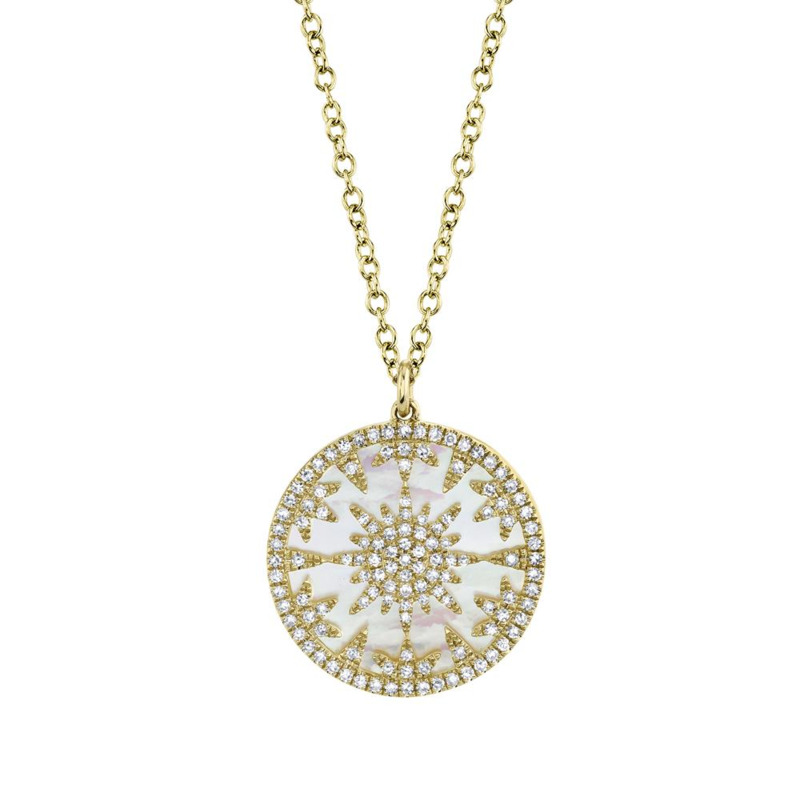 SHY CREATION 14K YELLOW GOLD PENDANT WITH ONE 2.88CT ROUND MOTHER OF PEARL AND 125=0.32TW SINGLE CUT I I1 DIAMONDS ON A 14KT YELLOW GOLD 18