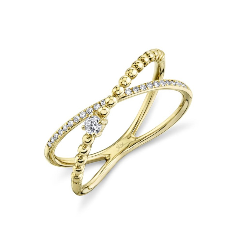 SHY CREATION 14K YELLOW GOLD BEADED CROSSOVER DIAMOND FASHION RING SIZE 7 WITH 23=0.12TW SINGLE CUT I I1 DIAMONDS   (2.02 GRAMS)