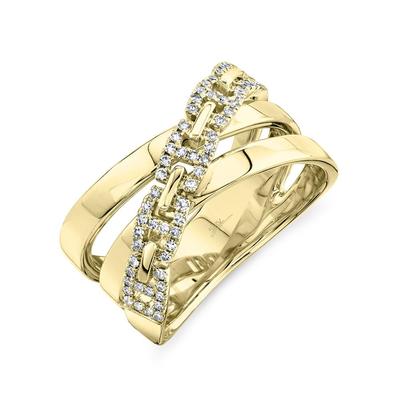 SHY CREATION 14K YELLOW GOLD CROSSOVER DIAMOND FASHION RING SIZE 7.25 WITH 64=0.20TW SINGLE CUT I I1 DIAMONDS   (6.88 GRAMS)