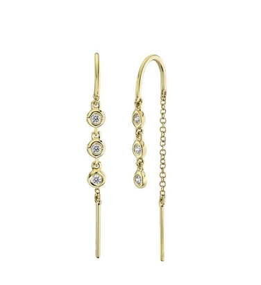 SHY CREATION 14K YELLOW GOLD THREADER DIAMOND EARRINGS WITH 6=0.11TW ROUND I SI2 DIAMONDS   (1.38 GRAMS)