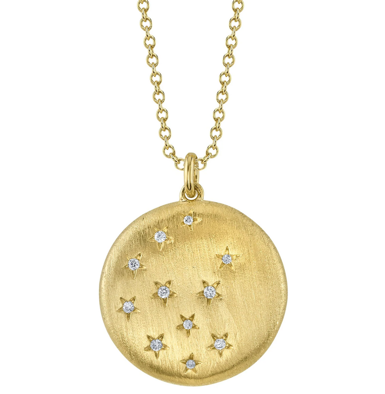 SHY CREATION 14K YELLOW GOLD SATIN DISC STAR DIAMOND PENDANT WITH 11=0.06TW ROUND H SI2 DIAMONDS 18