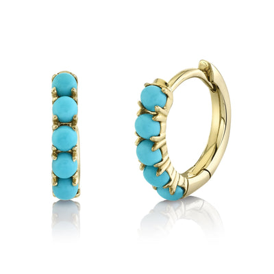 SHY CREATION 14K YELLOW GOLD HUGGIE EARRINGS WITH 10 = 0.43TW ROUND COMPOSITE TURQUOISE