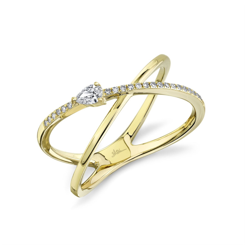 14K YELLOW GOLD CROSSOVER DIAMOND FASHION RING SIZE 7 WITH ONE 0.09CT PEAR G-H SI2 DIAMOND AND 23=0.06TW SINGLE CUT I I1 DIAMONDS   (2.33 GRAMS)