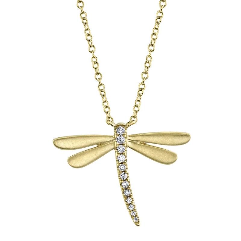 SHY CREATION 14K YELLOW GOLD SATIN DRAGONFLY DIAMOND NECKLACE WITH 12=0.08TW ROUND I I1 DIAMONDS 18