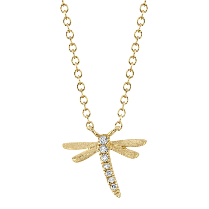 SHY CREATION 14K YELLOW GOLD SATIN DRAGONFLY DIAMOND NECKLACE WITH 7=0.03TW ROUND H-I SI2 DIAMONDS 18