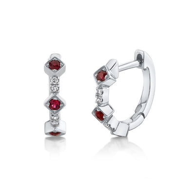 SHY CREATION 14K WHITE GOLD HUGGIE EARRINGS WITH 6 = 0.11TW ROUND RUBYS AND 8 = 0.03TW SINGLE CUT I I1 DIAMONDS