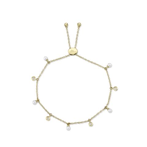 SHY CREATION 14K YELLOW GOLD BOLO PEARL BRACELET LENGTH 9 WITH 4=0.04TW ROUND I I1 DIAMONDS AND 5= ROUND CULTURED PEARLS