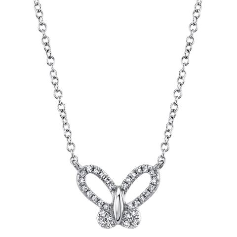 SHY CREATION 14K WHITE GOLD BUTTERFLY DIAMOND NECKLACE WITH 32=0.08TW SINGLE CUT I I1 DIAMONDS 18