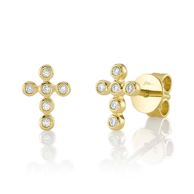SHY CREATION 14K YELLOW GOLD BEZEL CROSS DIAMOND EARRINGS WITH 12 = 0.07TW ROUND I I1 DIAMONDS