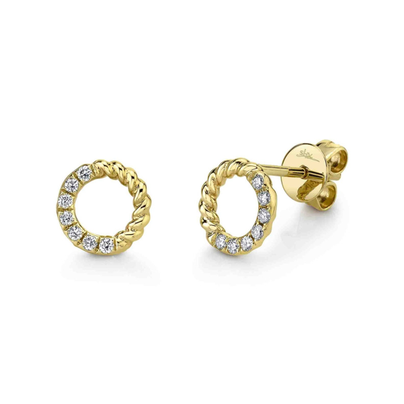 SHY CREATION 14K YELLOW GOLD ROPE STUD DIAMOND EARRINGS WITH 14=0.12TW SINGLE CUT I I1 DIAMONDS   (1.33 GRAMS)