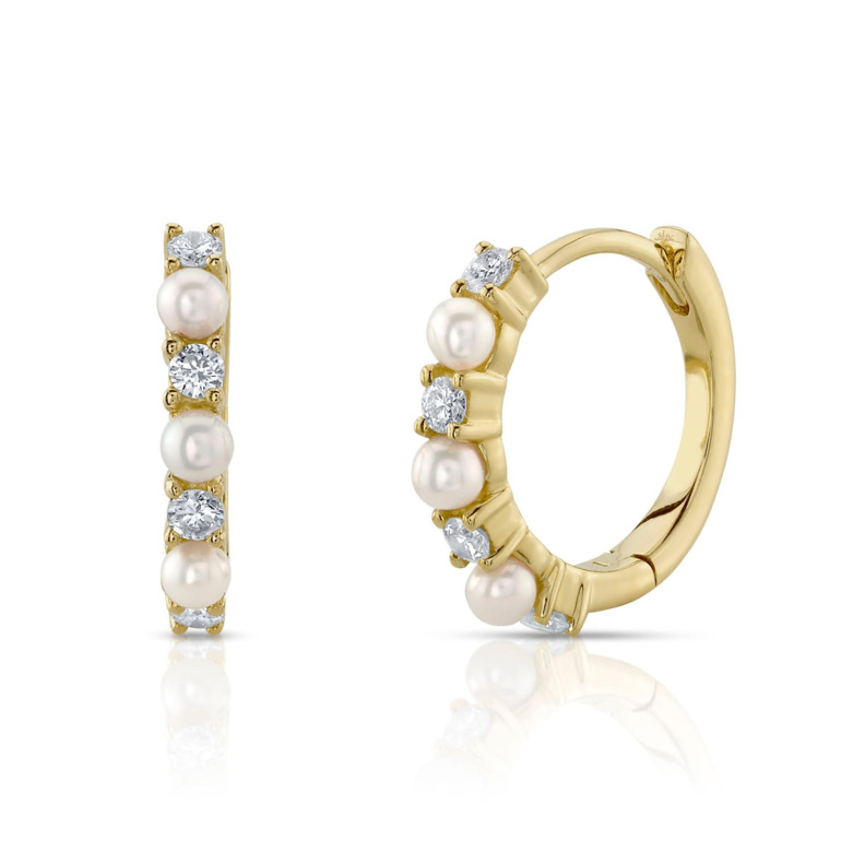 SHY CREATION 14K YELLOW GOLD HUGGIE DIAMOND EARRINGS WITH 8=0.14TW ROUND G-H SI2 DIAMONDS AND 6= ROUND WHITE PEARLS   (1.60 GRAMS)