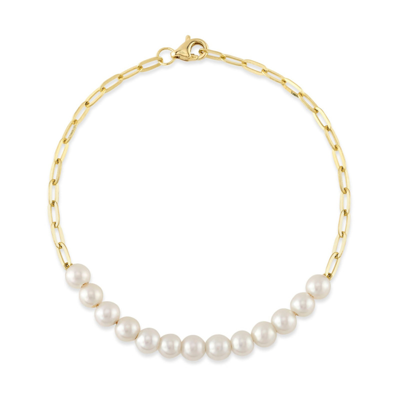 SHY CREATION 14K YELLOW GOLD PAPERCLIP PEARL BRACELET LENGTH 6.75 WITH 13= ROUND PEARLS