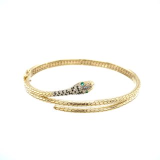 14K YELLOW GOLD BANGLE DIAMOND SNAKE BRACELET ONE MARQUISE DIAMOND  36= SINGLE CUT I I1 DIAMONDS  35= ROUND BLACK DIAMONDS DTW=0.28 AND 2=0.03TW ROUND EMERALDS