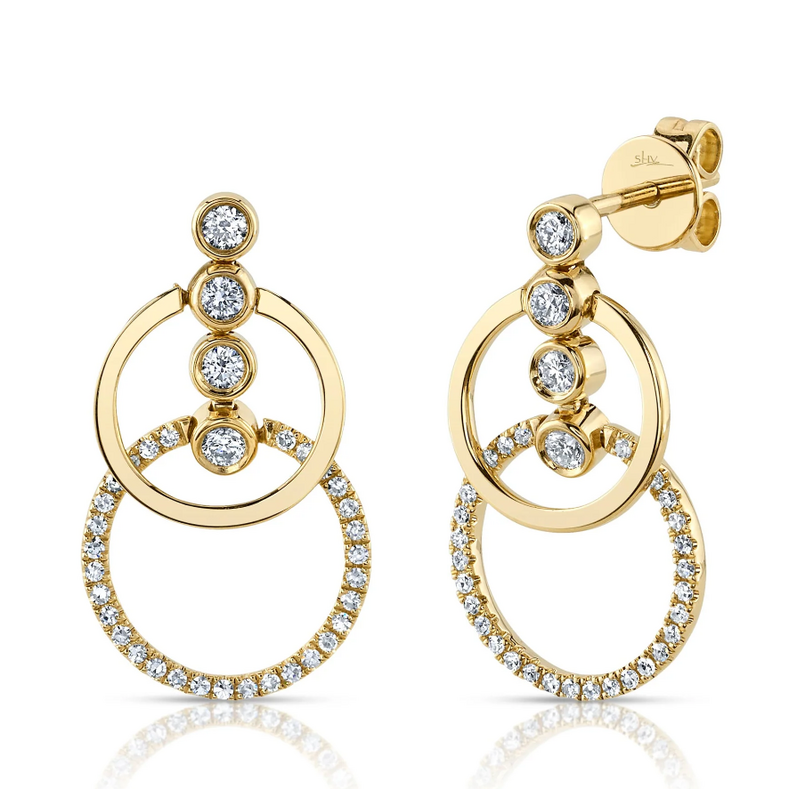 SHY CREATION 14K YELLOW GOLD DROP DIAMOND EARRINGS WITH 8=0.22TW ROUND H SI2 DIAMONDS AND 62=0.17TW SINGLE CUT I I1 DIAMONDS   (3.10 GRAMS)