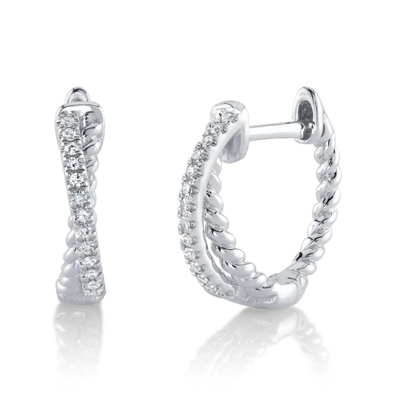 14K WHITE GOLD ROPE HUGGIE DIAMOND EARRINGS WITH 28=0.06TW SINGLE CUT I I1 DIAMONDS   (1.58 GRAMS)
