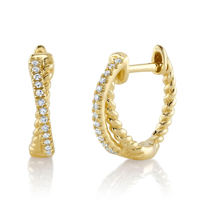 14K YELLOW GOLD ROPE HUGGIE DIAMOND EARRINGS WITH 28=0.06TW SINGLE CUT I I1 DIAMONDS   (1.58 GRAMS)