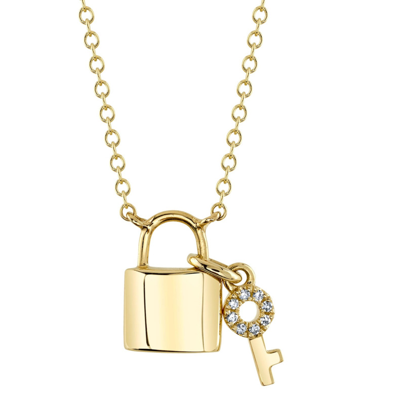 14K YELLOW GOLD LOCK & KEY DIAMOND NECKLACE WITH 8=0.02TW SINGLE CUT I I1 DIAMONDS 18