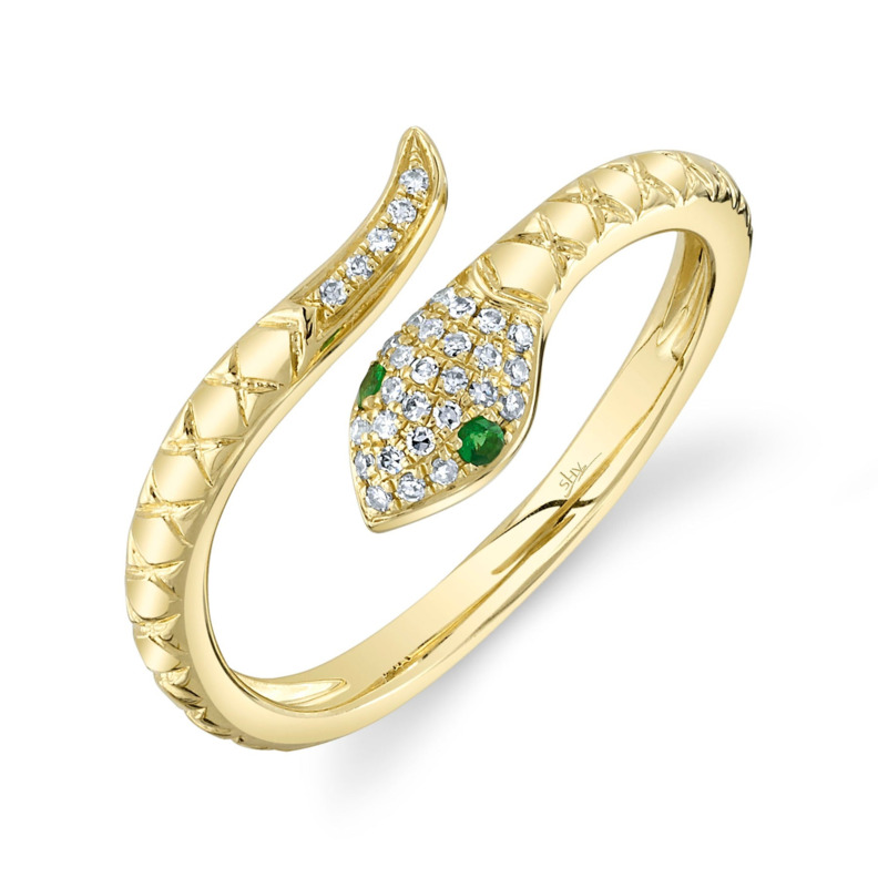 SHY CREATION 14K YELLOW GOLD SNAKE DIAMOND FASHION RING SIZE 7 WITH 31=0.07TW SINGLE CUT I I1 DIAMONDS AND 2=0.02TW ROUND GREEN GARNETS  (2.83 GRAMS)
