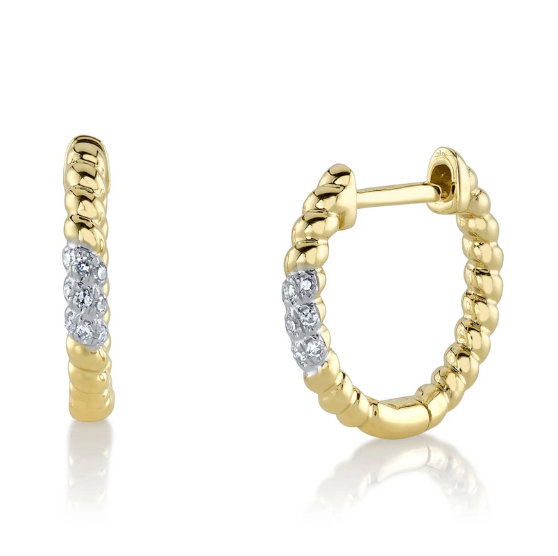 SHY CREATION 14K YELLOW GOLD ROPE HUGGIE DIAMOND EARRINGS WITH 18=0.04TW SINGLE CUT I I1 DIAMONDS   (1.74 GRAMS)