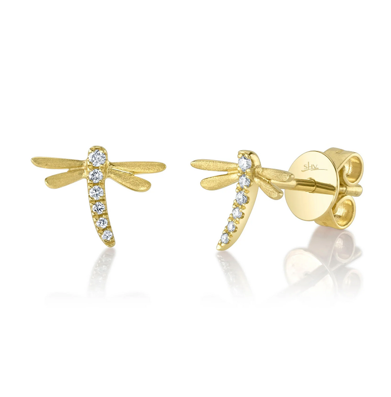 SHY CREATION 14K YELLOW GOLD SATIN DRAGONFLY DIAMOND EARRINGS WITH 12=0.05TW ROUND H SI2 DIAMONDS   (1.10 GRAMS)