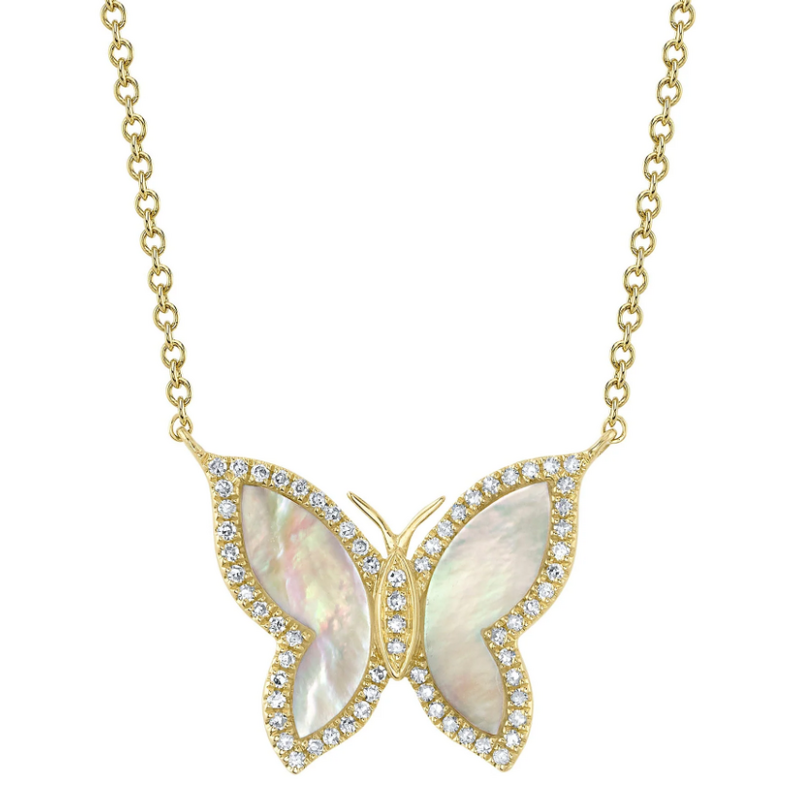 SHY CREATION 14K YELLOW GOLD BUTTERFLY NECKLACE WITH 2=0.82TW MOTHER OF PEARLS AND 66=0.15TW SINGLE CUT I I1 DIAMONDS 18