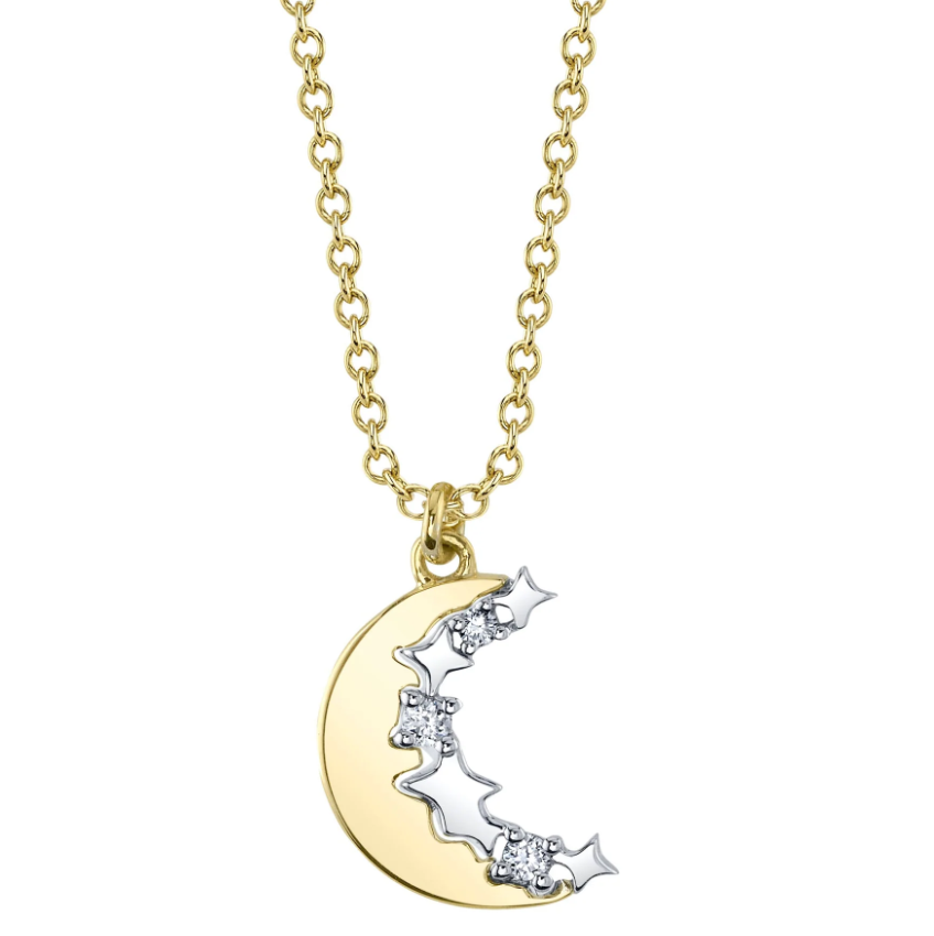 SHY CREATION 14K YELLOW & WHITE GOLD MOON & STARS DIAMOND PENDANT WITH 3=0.04TW ROUND H SI2 DIAMONDS 18