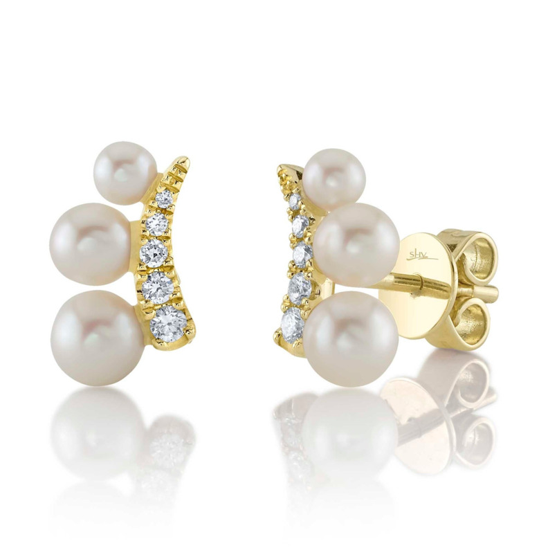 SHY CREATION 14K YELLOW GOLD STUD EARRING WITH 6=2.50-4.50MM CULTURED PEARLS AND 10=0.11TW ROUND G-H SI2 DIAMONDS  (1.63 GRAMS)
