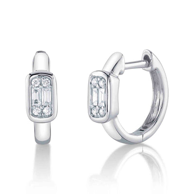 SHY CREATION 14K WHITE GOLD HUGGIE DIAMOND EARRINGS WITH 8=0.05TW ROUND G-H SI1 DIAMONDS AND 4=0.09TW BAGUETTE G-H SI1 DIAMONDS   (2.05 GRAMS)