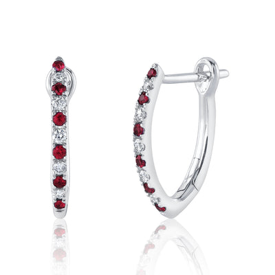 SHY CREATION 14K WHITE GOLD HOOP EARRINGS WITH 12 = 0.14TW ROUND RUBYS AND 10 = 0.09TW ROUND I I1 DIAMONDS