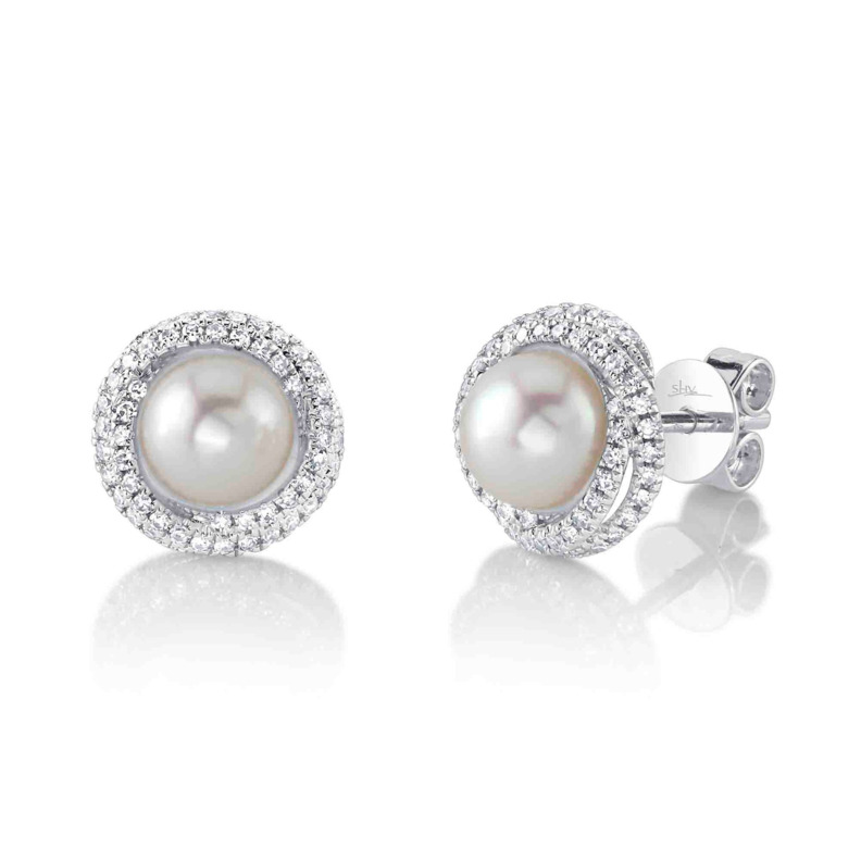 SHY CREATION 14K WHITE GOLD STUD EARRING WITH 2=6.50MM CULTURED WHITE PEARLS AND 102=0.26TW SINGLE CUT I I1 DIAMONDS  (2.55 GRAMS)