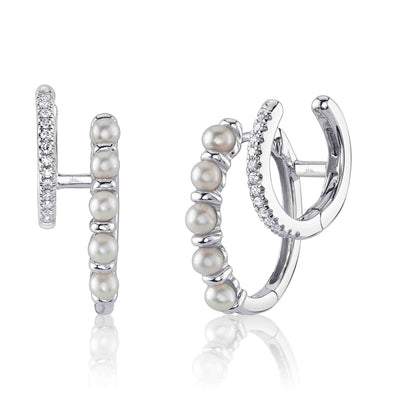 SHY CRATION 14K WHITE GOLD DOUBLE HOOP EARRINGS WITH 10 = CULTURED PEARLS AND 26 = 0.07TW SINGLE CUT I I1 DIAMONDS