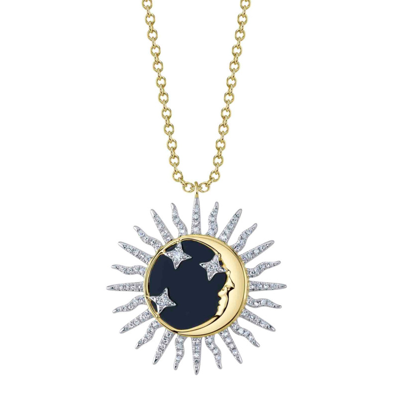 SHY CREATION 14K YELLOW GOLD SUN MOON STAR PENDANT ONE 1.95CT ROUND BLACK ONYX  3=0.04TW ROUND G-H SI1 DIAMONDS  96=0.21TW SINGLE CUT H-I SI2-I1 DIAMONDS 18