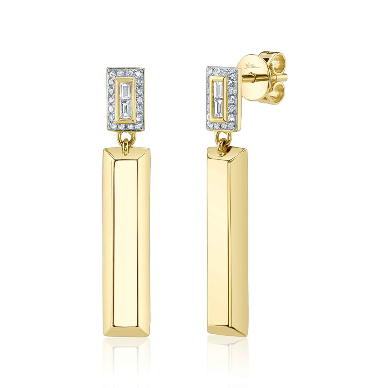 SHY CREATION 14K YELLOW GOLD DANGLE DIAMOND EARRINGS WITH 4=0.08TW BAGUETTE H SI-SI2 DIAMONDS AND 36=0.08TW SINGLE CUT I I1 DIAMONDS   (3.27 GRAMS)