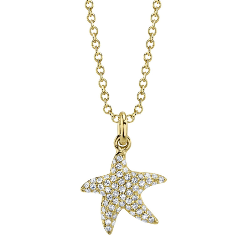 14K YELLOW GOLD STARFISH DIAMOND PENDANT WITH 66 = 0.15TW SINGLE CUT I I1 DIAMONDS 18