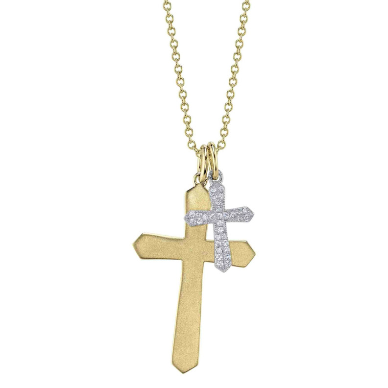 14K YELLOW & WHITE GOLD MATTE CROSS DIAMOND PENDANT WITH 31 = 0.07TW SINGLE CUT I I1 DIAMONDS 18