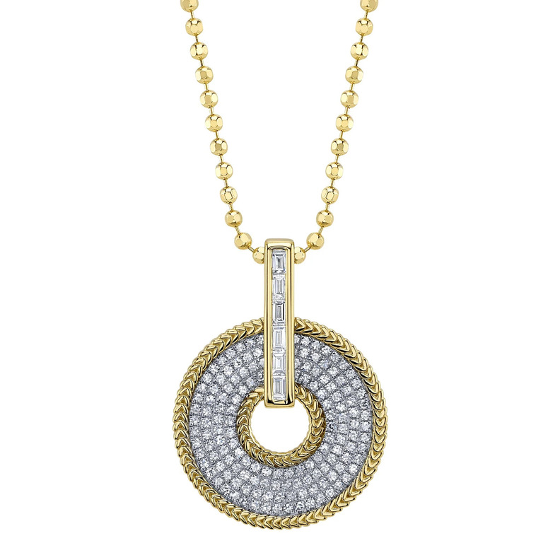 SHY CREATION 14K YELLOW GOLD MILGRAIN CIRCLE DIAMOND PENDANT WITH 159=0.45TW VARIOUS SHAPES (6 BAGUETTES & 153 SINGLE CUTS) H-I SI2-I1 DIAMONDS 18