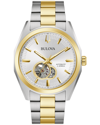 MEN'S BULOVA AUTOMATIC SURVEYOR TWO TONE STAINLESS STEEL DIAL  CASE  AND BRACELET STRAP