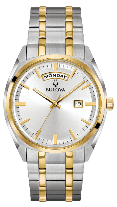 MEN'S BULOVA SURVEYOR STAINLESS STEEL TWO TONE WITH 3 HAND DAY DATE SILVER WHITE DIAL