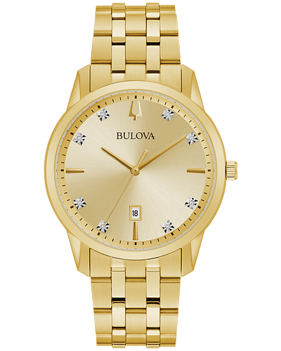 GENTS BULOVA SUTTON WATCH GOLD TONE STAINLESS STEEL BRACELET STRAP AND CASE  CHAMPAGNE DIAL  WITH 8 DIAMOND MARKERS