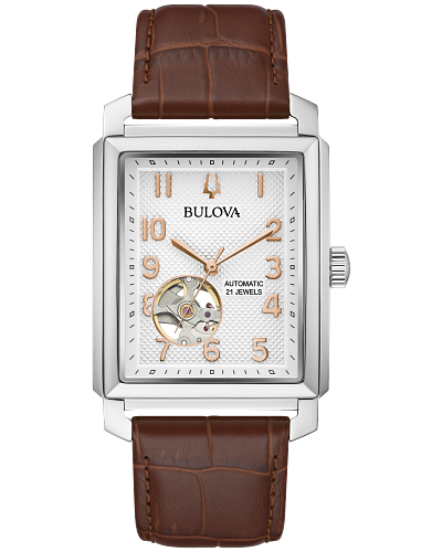 MENS BULOVA STAINLESS AUTOMATIC WATCH WITH BROWN LEATHER STRAP AND RECTANGULAR FACE