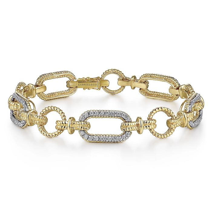 14K YELLOW & WHITE GOLD ROPE FANCY LINK DIAMOND BRACELET WITH 100=0.52TW ROUND G-H SI2 DIAMONDS   (19.80 GRAMS)