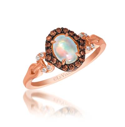 LE VIAN CHOCOLATIER 14K STRAWBERRY GOLD HALO RING SIZE 7 ONE 0.45CT OVAL CABOCHON NEOPOLITAN OPAL  18=0.16TW ROUND SI1 CHOCOLATE DIAMONDS  8=0.05TW ROUND G-H SI1 VANILLA DIAMONDS   (3.37 GRAMS)
