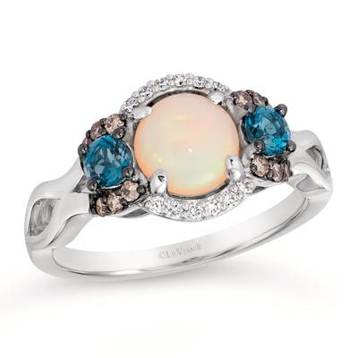 LE VIAN CHOCOLATIER 14K VANILLA GOLD STACKABLE RING ONE 0.75CT CABOCHON NEOPOLITIAN OPAL  2=0.30TW ROUND DEEP SEA BLUE TOPAZS  12=0.13TW ROUND SI1 CHOCOLATE DIAMONDS  12=0.05TW ROUND G-H SI1 VANILLA DIAMONDS  (4.44 GRAMS)