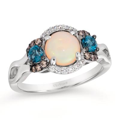 LE VIAN CHOCOLATIER 14K VANILLA GOLD STACKABLE RING ONE 0.75CT CABOCHON NEOPOLITIAN OPAL  2=0.30TW ROUND DEEP SEA BLUE TOPAZS  12=0.13TW ROUND SI1 CHOCOLATE DIAMONDS  12=0.05TW ROUND G-H SI1 VANILLA DIAMONDS  (4.44 GRAMS)