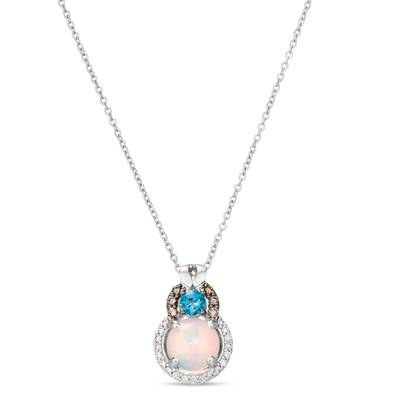 LE VIAN CHOCOLATIER 14K VANILLA GOLD HALO PENDANT ONE 0.75CT CABOCHON NEOPOLITIAN OPAL  ONE 0.12CT ROUND DEEP SEA BLUE TOPAZ  19=0.10TW ROUND G-H SI1 VANILLA DIAMONDS  AND 6=0.05TW ROUND SI1 CHOCOLATE DIAMONDS 20