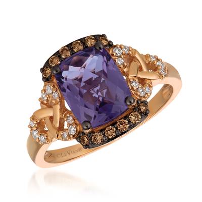 LEVIAN CHOCOLATIER COLLECTION 14K STRAWBERRY GOLD HALO RING SIZE 7 ONE 1.65CT RECTANGULAR CUSHION GRAPE AMETHYST  12=0.16TW ROUND SI1 CHOCOLATE DIAMONDS  AND 18=0.10TW ROUND G-H SI1-SI2 VANILLA DIAMONDS  (4.50 GRAMS)