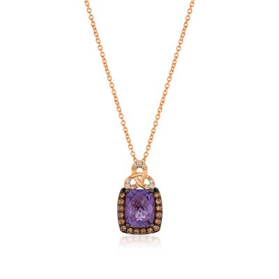 LE VIAN CHOCOLATIER 14K STRAWBERRY GOLD HALO PENDANT ONE 1.90CT CUSHION GRAPE AMETHYST  16=0.23TW ROUND SI1 CHOCOLATE DIAMONDS  9=0.05TW ROUND VS2-SI1 NUDE DIAMONDS 18