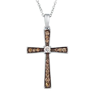 LE VIAN CHOCOLATIER 14K WHITE VANILLA CROSS DIAMOND PENDANT WITH 16=0.15TW ROUND SI1 CHOCOLATE DIAMONDS AND ONE 0.05CT ROUND G-H VS2-SI1 VANILLA DIAMOND 18