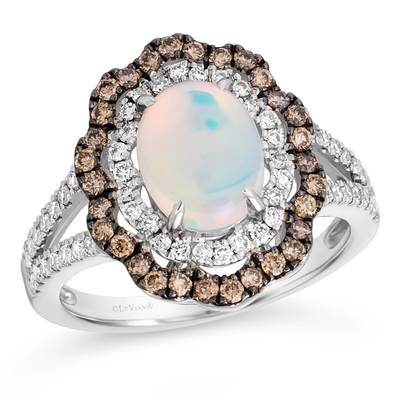 LE VIAN CREME BRULEE 14K VANILLA GOLD DOUBLE HALO RING SIZE 7 ONE 1.10CT OVAL CABOCHON NEOPOLITIAN OPAL  54=0.38TW ROUND VS2-SI1 NUDE DIAMONDS  30=0.33TW ROUND SI1 CHOCOLATE DIAMONDS   (4.77 GRAMS)