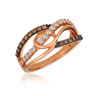LE VIAN 14K STRAWBERRY GOLD CROSSOVER DIAMOND FASHION RING SIZE 7 WITH 17=0.25TW ROUND SI1 CHOCOLATE DIAMONDS AND 16=0.30TW ROUND VS2-SI1 NUDE DIAMONDS   (4.20 GRAMS)